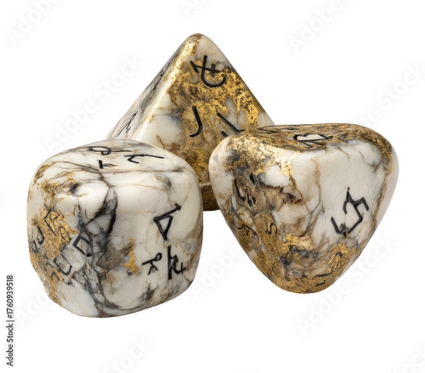 Fototapeta Three dice, off-white with gold flecks and dark markings, various shapes and numbers