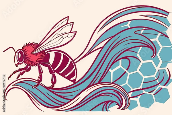 Obraz Vector art of honey bee flying over a wave with a honeycomb background illustration