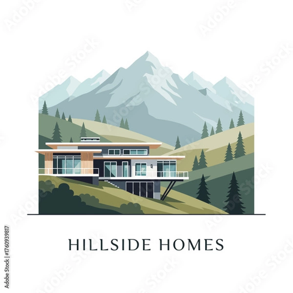 Fototapeta Modern Hillside Home Architecture Vector Design