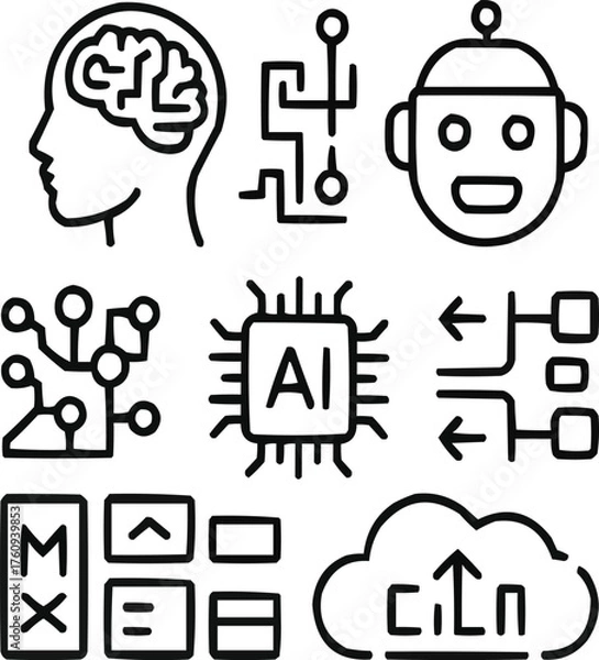 Fototapeta Artificial Intelligence Outline Icons Set – Innovation, Robotics, and Neural Networks
