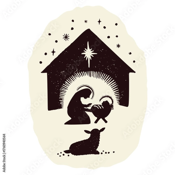 Obraz Hand drawn christian christmas nativity characters. Mary,the baby Jesus christ child born in crib in manger barn with sheep. Isolated vector icon for season greeting card.