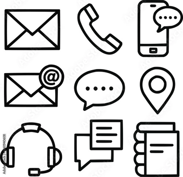 Fototapeta PrintEssential Contact & Communication Outline Icons Mail, Call, Chat, and Location Symbols