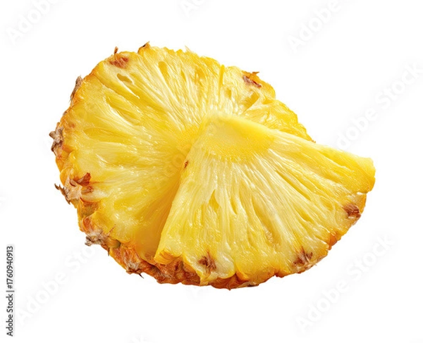 Fototapeta Close-up of a sliced pineapple.  Bright yellow flesh,  visible rings and  fibers.  Fresh,  isolated on black