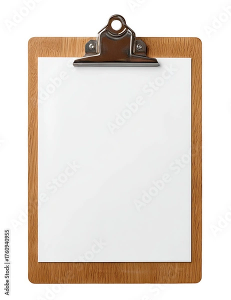 Fototapeta Wooden clipboard with blank white paper.  A light-brown wooden clipboard holds a blank sheet of white paper.  A metal clip secures the paper