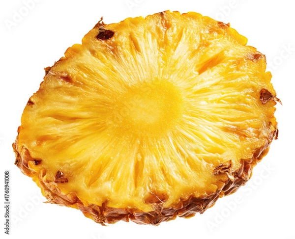 Fototapeta Close-up of a ripe pineapple slice.  A golden-yellow,  round slice displays the fruit's interior, showing radiating segments and a central core.  The edges show a slightly browned, textured exterior