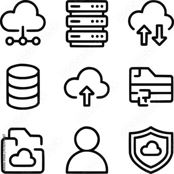 Fototapeta Cloud Computing Outline Icons Set Server, Network, and Data Synchronization