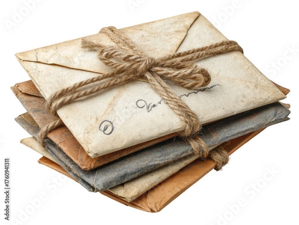 Obraz A stack of aged, tied letters.  Stacked vintage envelopes,  creased and worn, bound with twine