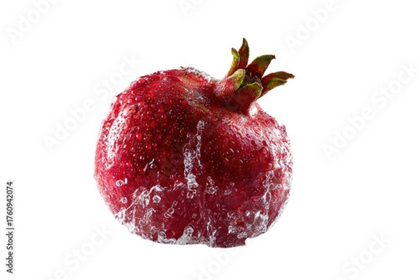 Fototapeta Close-up of a pomegranate, coated in a frosty, watery substance.  Deep red fruit, isolated on black