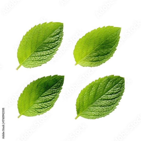 Fototapeta Four vibrant green leaves arranged in a cross, detailed veins visible