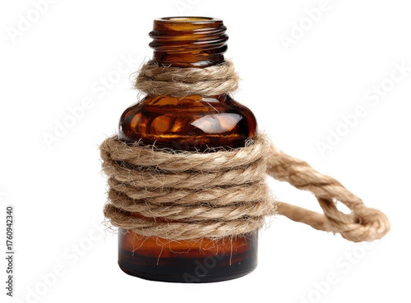 Fototapeta Amber glass bottle, tightly wrapped with natural rope, a small loop of rope extends from the top
