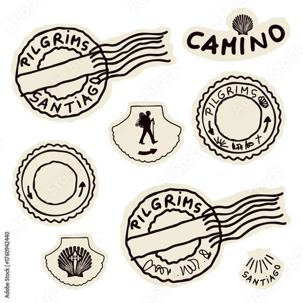 Fototapeta Set of Camino Santiago de Compostela pilgrim passport badges. With St James way Shell, cross, scallop icon for European pilgrimage journey route in Spain. Isolated on white background travel symbol