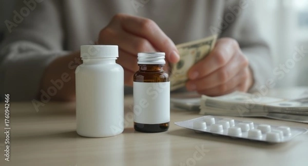 Fototapeta Close-up of medicine bottles, blister pack, and person counting cash on a wooden table, representing healthcare costs
