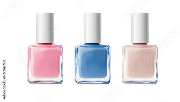 Obraz Three square nail polish bottles, in shades of pink, blue, and beige.  Each bottle has a white cap