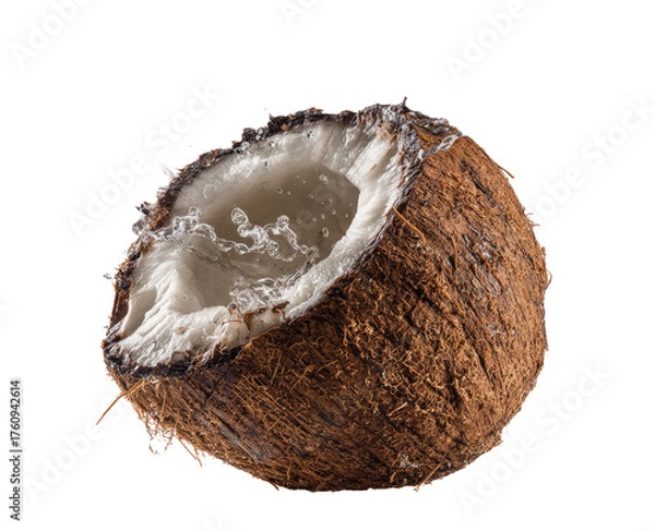 Fototapeta Close-up of a halved coconut, showcasing the inner white flesh and a splash of liquid.  Brown, fibrous husk surrounds the interior