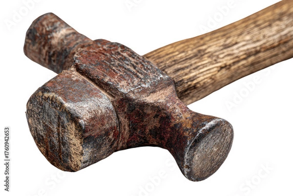 Fototapeta Close-up of a rusty, antique hammer head and handle.  The aged metal head, with visible oxidation, is crossed, and the wooden handle is worn