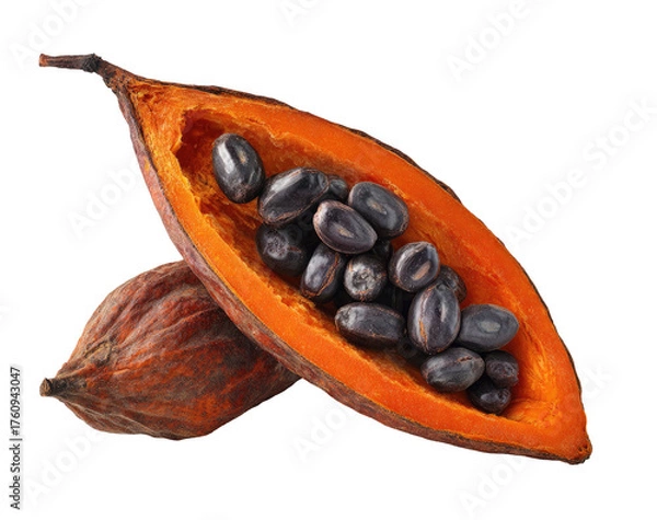 Fototapeta Dried, orange-red fruit pod, sliced open, dark seeds