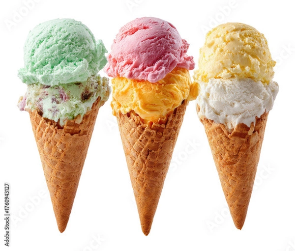 Fototapeta Three ice cream cones, showcasing different flavors