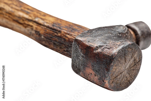 Fototapeta Close-up of aged, wooden-handled hammer head.  Rusty, square metal head.  Visible wood grain