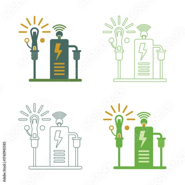 Fototapeta Set of four stylized illustrations of an electric vehicle charging station with lightbulbs and wifi symbols