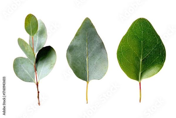 Fototapeta Close-up of three eucalyptus leaves, varying in shape and size, against a black background.  The leaves exhibit a range of shades of green and subtle texture.  Stems are visible