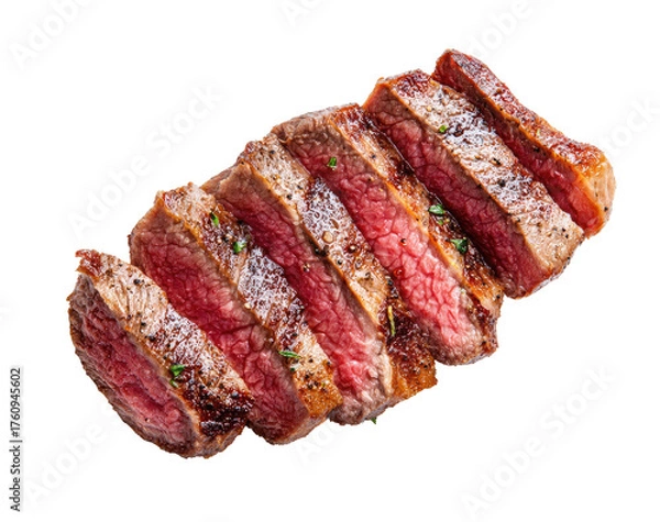 Fototapeta Sliced steak, medium-rare, seasoned, and ready to eat.  A top view of several slices of steak, showcasing a slightly pink interior with browned edges.  Seasoning is visible on the surface