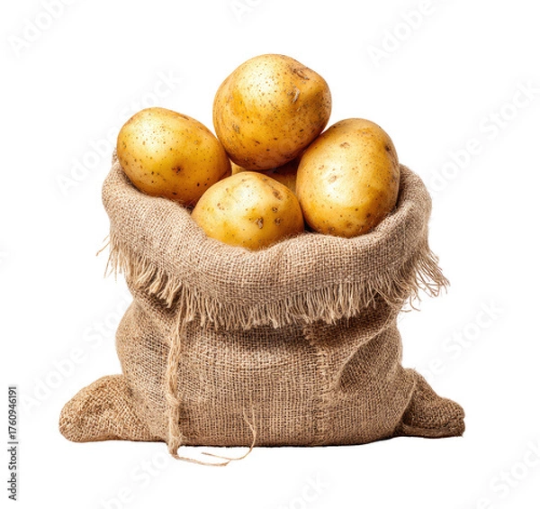 Obraz A burlap sack filled with several fresh potatoes