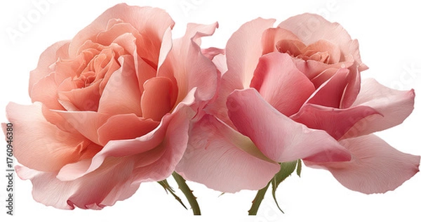 Fototapeta Two delicate, peach-pink roses, close-up, showcasing soft petals and subtle shading