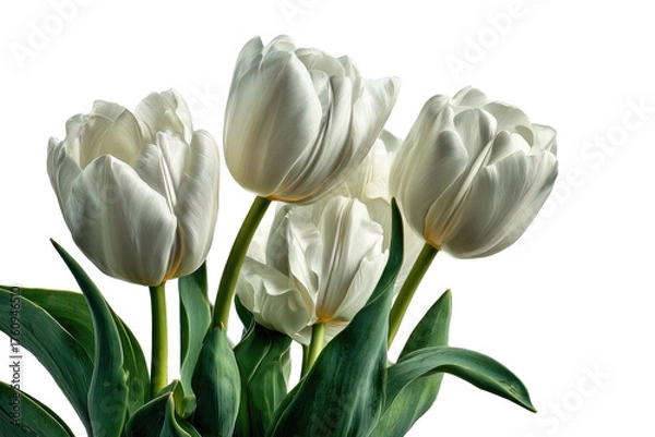 Obraz Close-up of three pristine white tulips with lush green foliage