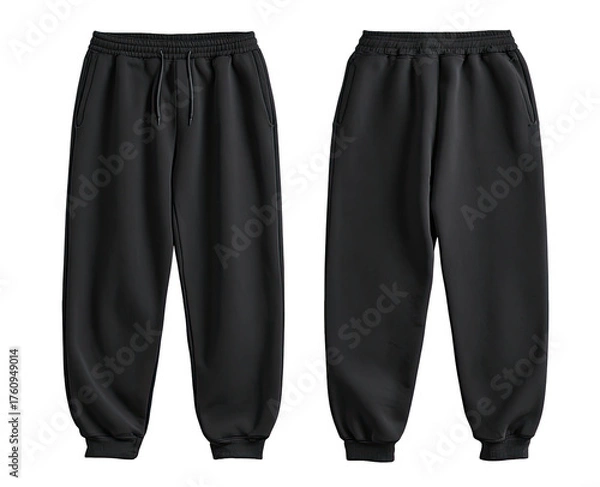 Obraz Front and back view of a pair of plain black sweatpants.  Drawstring waist, relaxed fit, and ribbed cuffs