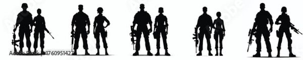 Obraz silhouette male and female army soldiers standing 