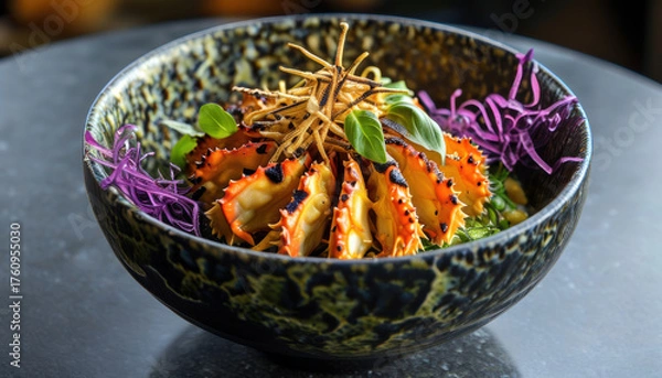 Fototapeta Gourmet king crab dish with truffle garnish on artistic plate for culinary presentation with copy space