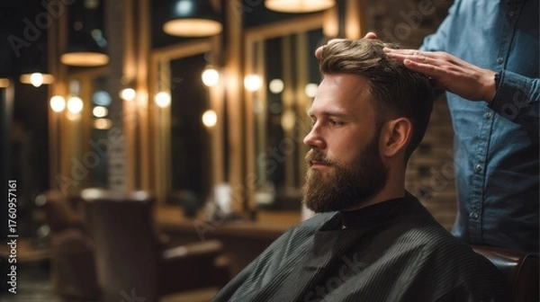 Obraz Caucasian man with neatly styled beard receiving haircut from barber. Male client sitting at barbershop. Grooming and beauty salon for man.