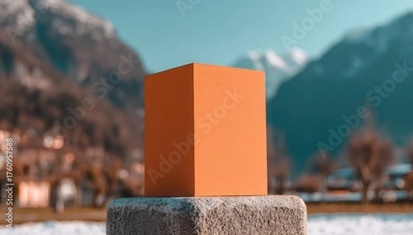 Fototapeta Orange geometric cube sits on stone pedestal with snowy mountains behind.