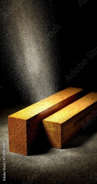 Fototapeta Two golden bars illuminated by falling particles against a dark background.