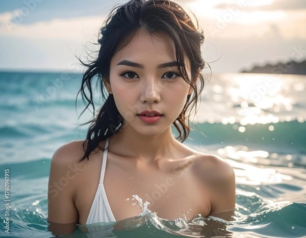 Obraz Portrait of a woman in ocean water, looking toward the camera