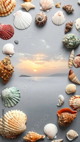 Obraz Seashells framing a vibrant ocean sunset, creating a coastal vignette