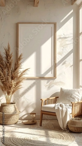 Obraz Serene, sunlit interior with a blank frame and cozy seating