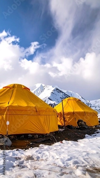 Obraz Two yellow tents on a snowy ground with a mountain backdrop