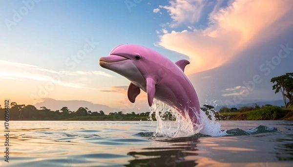 Obraz Vibrant pink dolphin leaping from shimmering water against sunset sky