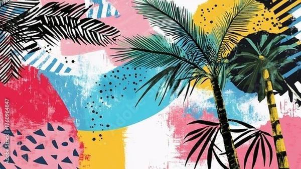Obraz Vibrant abstract art with stylized palm trees and bold geometric shapes