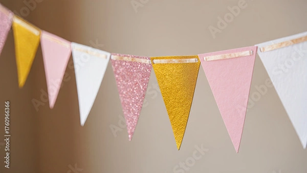 Fototapeta A 3D render of a luxury birthday setup inside a chic apartment. The “Happy Birthday” banner is crafted from metallic gold letters, reflecting ambient pink and purple light from LED strips hidden along