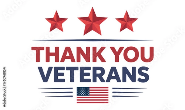 Obraz Veterans Day tribute with red stars, bold “Thank You Veterans” text, and stylized American flag—honoring U.S. military service and pride