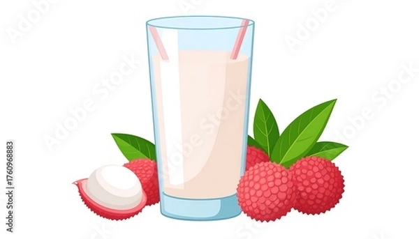 Fototapeta Glass of lychee smoothie, fresh fruit