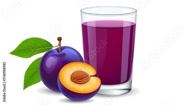 Fototapeta Glass of plum juice with two whole and halved plums