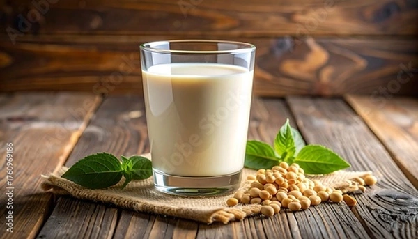 Fototapeta Glass of soy milk on wooden table with soybeans and leaves