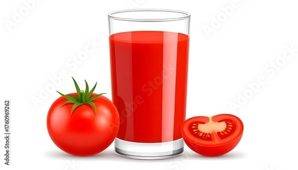 Fototapeta Glass of tomato juice next to whole and halved tomatoes