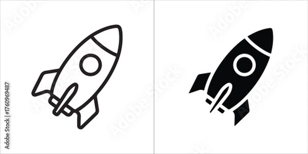 Fototapeta Simple black and white icon of a rocket ship, isolated on a white background, representing space travel, exploration, and innovation