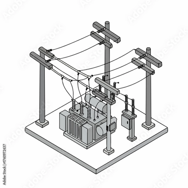 Obraz Isometric Detailed Power Transformer Electricity Pole Substation Industry Illustration