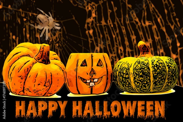 Fototapeta Text Halloween with pumpkins, spider and cobweb