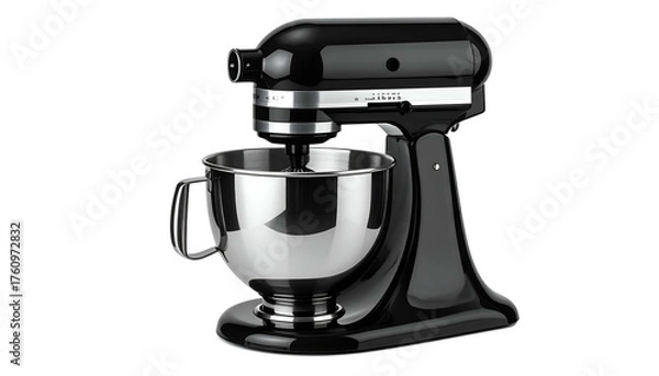 Obraz Shiny, black stand mixer with a stainless steel bowl, isolated on black